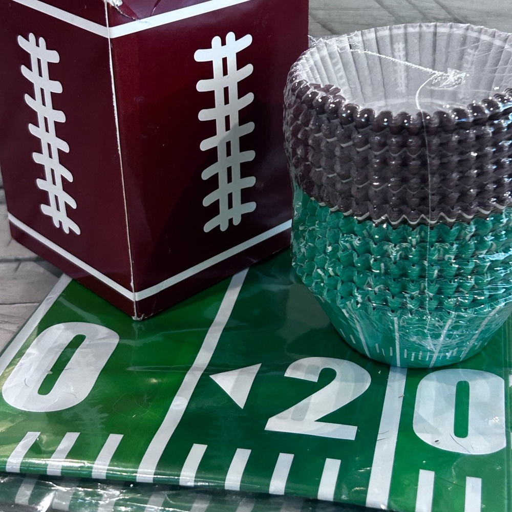 288 Football Themed Cupcake Liners and Plastic Tablecloth 2 Designs 144 each
